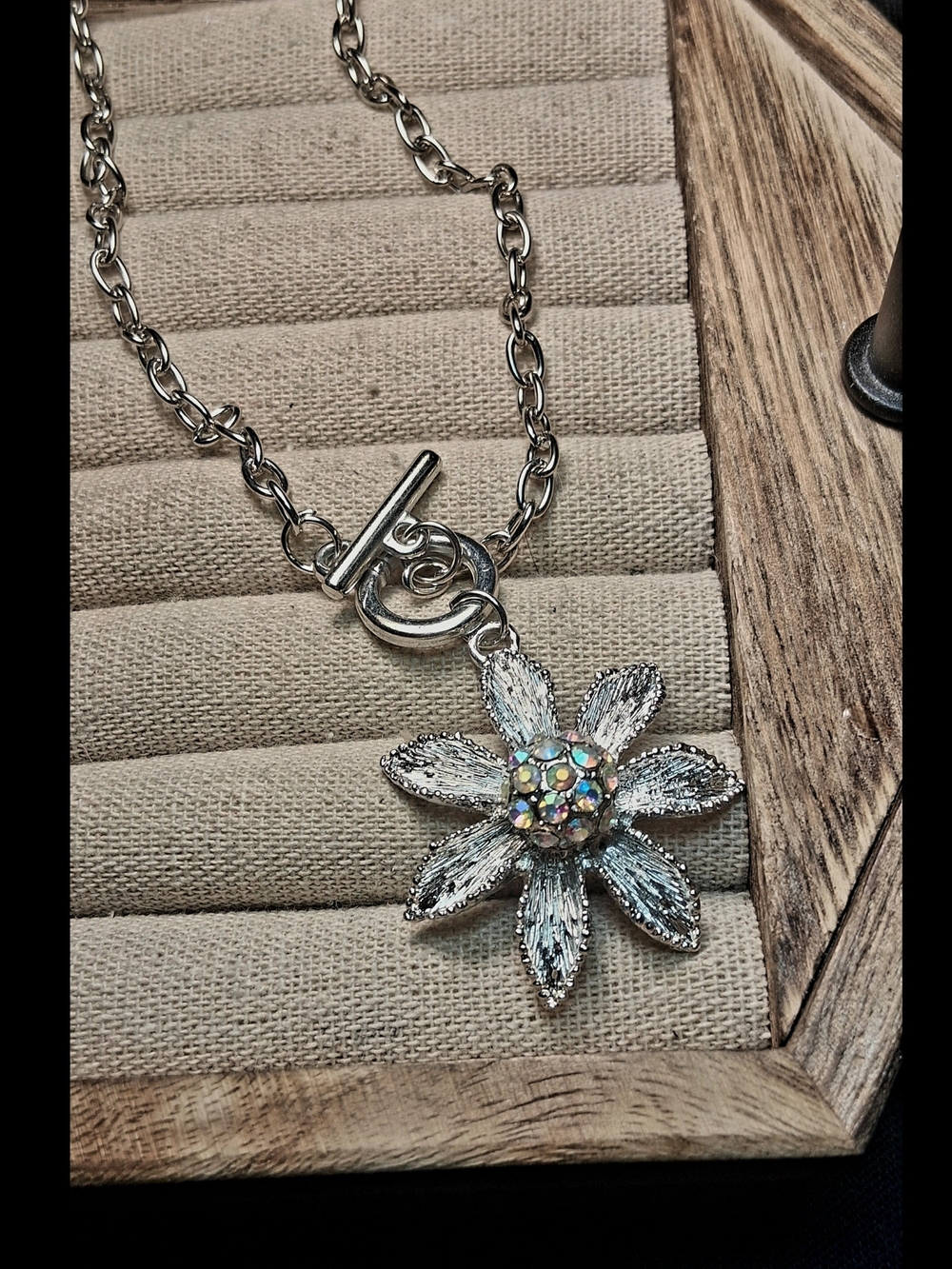 Silver Flower Pendant Necklace with Iridescent Crystal Center - Silver 16"